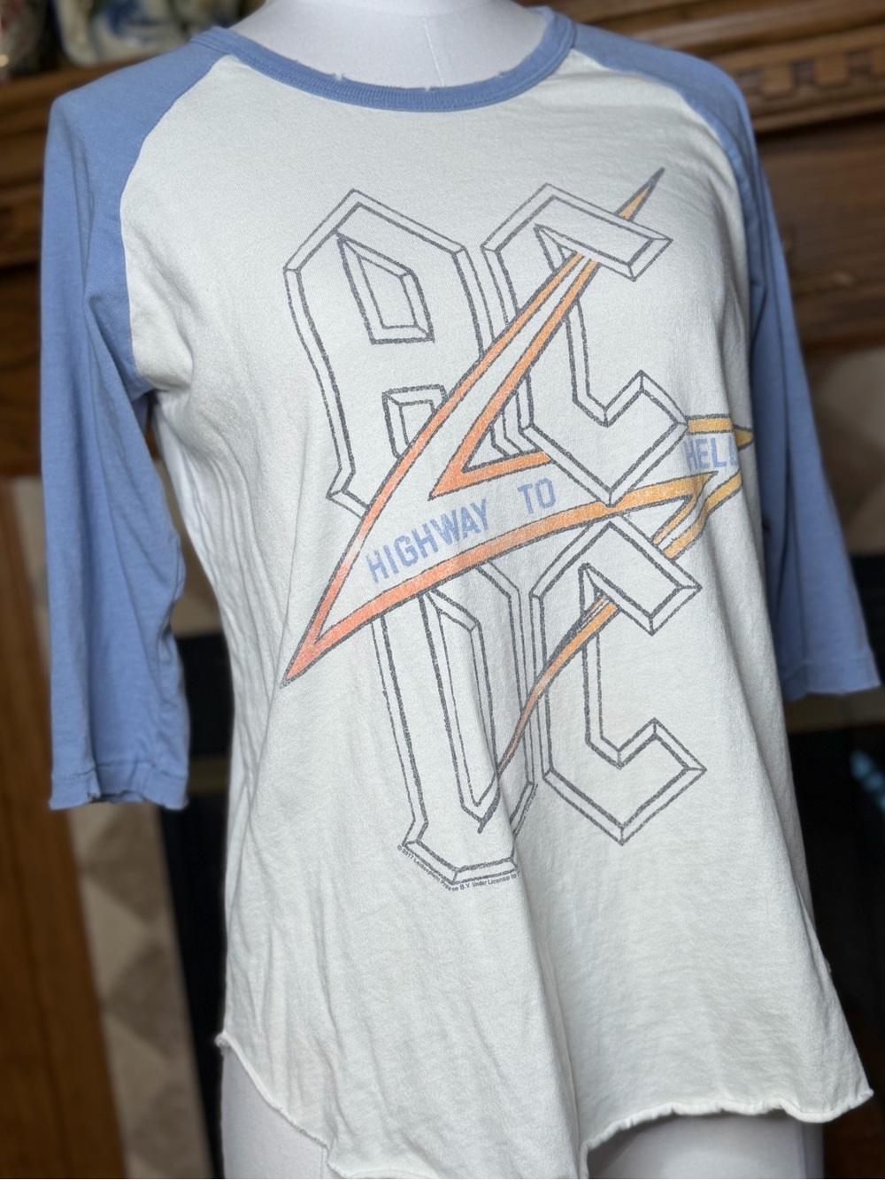 Junk Food AC/DC Raglan Tee in White and Light Blue Women’s Size Medium